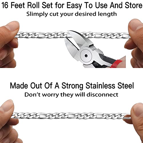 16ft Figaro Chain Roll 6mm Silver Stainless Steel Necklace Chain for Jewelry Making