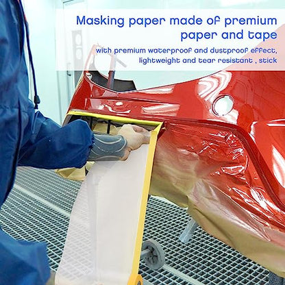 9 Roll Painters Plastic with Tape Pre Taped Masking Film for Painting Automotive Paint Adhesive Protective Film Masking Tape Roll Plastic Painting Covering (585 Foot)