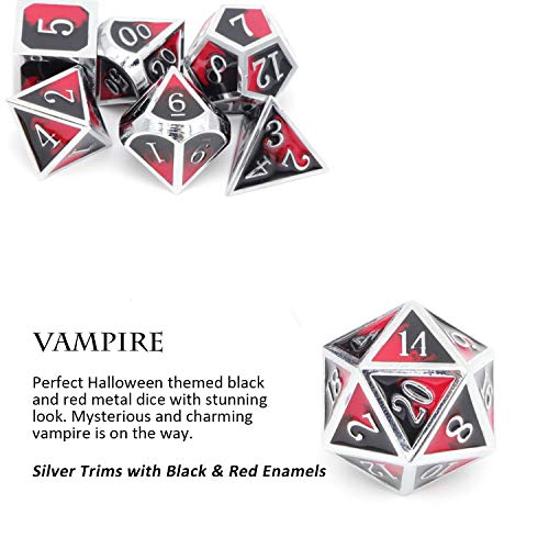 Metal DND Dice Set Silver Red Black Enamel Vampire D&D Dice with Leather Dice Bag Compatible with Dungeons and Dragons TTRPG Gift for DND Lovers Players Masters