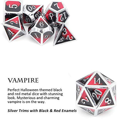 Metal DND Dice Set Silver Red Black Enamel Vampire D&D Dice with Leather Dice Bag Compatible with Dungeons and Dragons TTRPG Gift for DND Lovers Players Masters