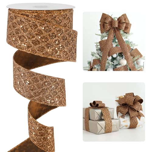 Glitter Copper Diamond Wired Christmas Ribbon 2.5 inch x 10 Yards (30 Foot)