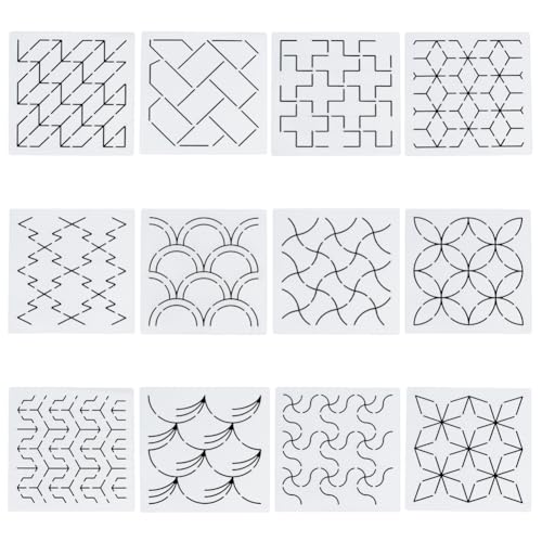 12Pcs Sashiko Stencils Sashiko Embroidery PET Template Drawing Line Template for Hand Quilting Sashiko Patterns Templates Embroidery Stencils 5.5 * 5.5'' (12 Count)