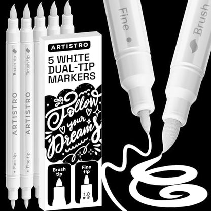 5 White Dual Tip Acrylic Paint Marker Pens for Drawing (5 Count)