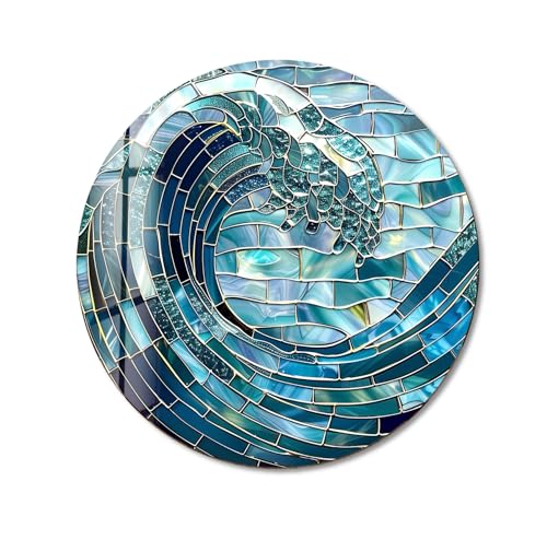 27.5''(70cm) Diameter Ocean Wave in Blue Mosaic Round Glass Wall Art Tempered Glass Printing Wall Decor Large Wall Art Wall Hangings