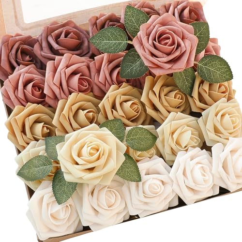 Artificial Flowers 25pcs Real Looking Burnt Orange Ombre Colors Foam Fake Roses with Stems for DIY Wedding Bouquets Bridal Shower Centerpieces Floral Arrangements Party Tables Home Decorations (25 Count)