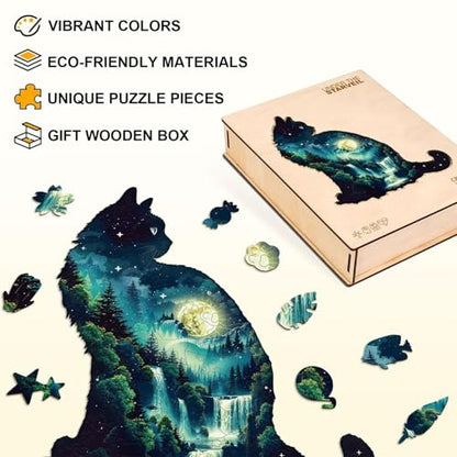 Cat Puzzles Forest Waterfall Nature Landscape Scenery Puzzle Adults Gift for Women Men Cat Lovers Wooden 70 Pieces