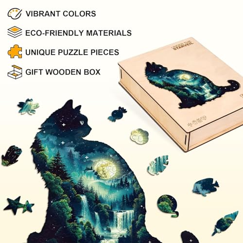 Cat Puzzles for Adults 200 Pieces Forest Waterfall Adult Puzzles Gifts for Women Men Cat Lovers Wooden Unique Shaped Animal Jigsaw Puzzles Birthday Holliday (120 Count)