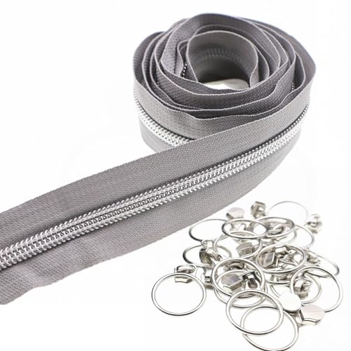 5 Silver Metallic Nylon Coil Zippers by the Yard Bulk 10 Yards Gray Zipper Tape with 25pcs Silver Ring Pull Zipper Sliders for DIY Sewing Tailor Craft Bag