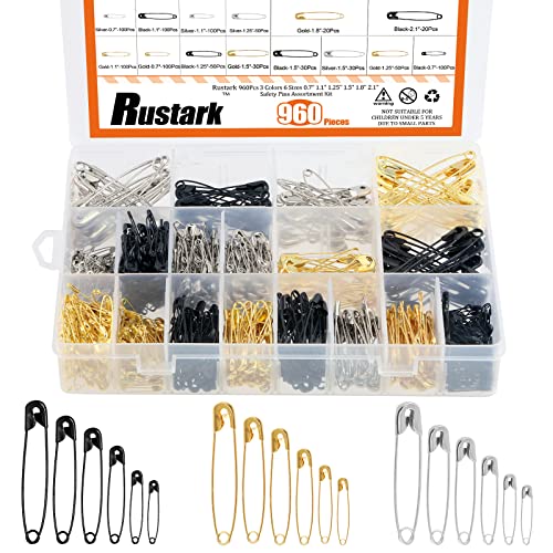 960Pcs Safety Pins Assorted 6 Sizes Variety Pack Large and Small Metal Safety Pin Gold Silver Black for Clothing Art Crafts Sewing Quilting Jewelry Making (960 Count)