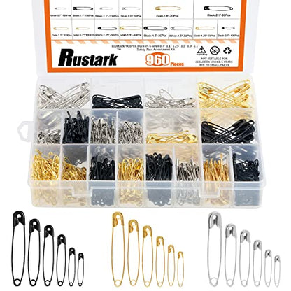 960Pcs Safety Pins Assorted 6 Sizes Variety Pack Large and Small Metal Safety Pin Gold Silver Black for Clothing Art Crafts Sewing Quilting Jewelry Making (960 Count)