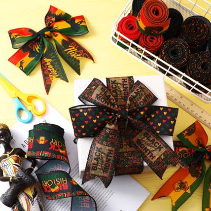 12 Rolls Black History Month Ribbons 2 Inch x 60 Yards Wired Edge Fabric Ribbons Craft Assortment Black History Month Themed Pattern Wrapping Crafts for DIY Gift Hair Sewing Wreath 12 Styles (12 Count)