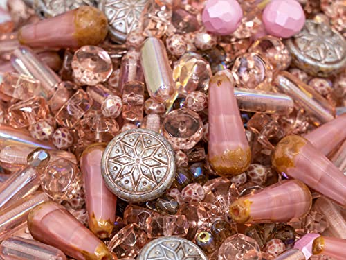 2.1oz (60 g) Mix of Unique Czech Bohemia Glass Pressed Beads, Dirty Pink Antique, Table Cut, Matte and Glossy, Faceted Fire Polish, Hand Made Set Kit BCV (2.1164 Ounce)