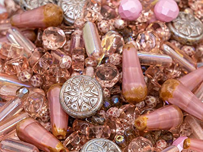 2.1oz (60 g) Mix of Unique Czech Bohemia Glass Pressed Beads, Dirty Pink Antique, Table Cut, Matte and Glossy, Faceted Fire Polish, Hand Made Set Kit BCV (2.1164 Ounce)