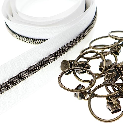 5 Antique Brass Metallic Nylon Coil Zippers by the Yard Bulk 10 Yards White Zipper Tape with 25pcs Antique Brass Ring Pull Sliders for DIY Sewing Tailor Craft Bag