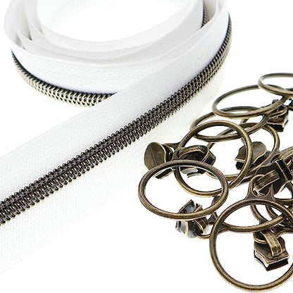 5 Antique Brass Metallic Nylon Coil Zippers by the Yard Bulk 10 Yards White Zipper Tape with 25pcs Antique Brass Ring Pull Sliders for DIY Sewing Tailor Craft Bag