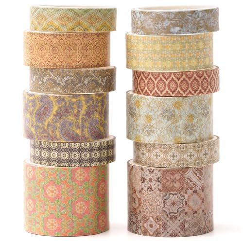 12 Rolls Exotic Charm Washi Tape Set Floral Arts Adhesive Tapes Geometric Garden Decorative Masking Tape Sets for Craft (12 Count)