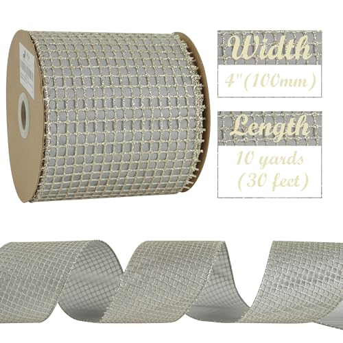 Champagne Square Mesh Wired Christmas Ribbon 4 inch x 10 Yards (30 Foot)