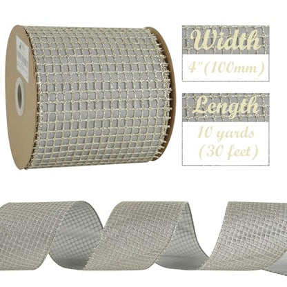 Champagne Square Mesh Wired Christmas Ribbon 4 inch x 10 Yards (30 Foot)