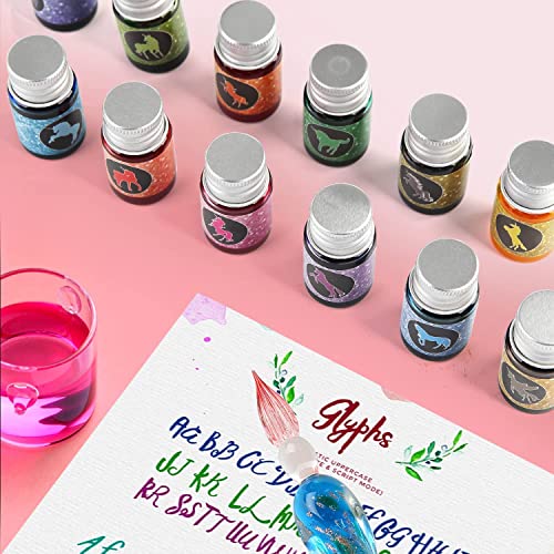 Glass Dipped Pen Ink Set Handmade Crystal Calligraphy Pen with 12 Colorful india ink for Art