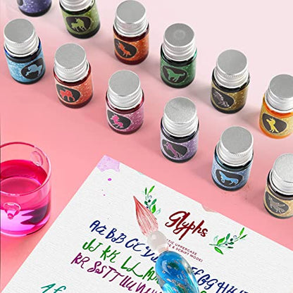 Glass Dipped Pen Ink Set Handmade Crystal Calligraphy Pen with 12 Colorful india ink for Art