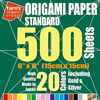 Taro's Origami Studio] Standard 6 Inch One Sided 20 Colors 500 Sheets Square Easy Fold Premium Japanese Paper for Beginner