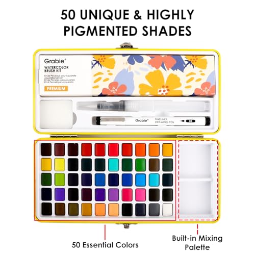 Set of 50 Color Premium Watercolor Paint Set with Detail Brushes (15.5205 Ounce)