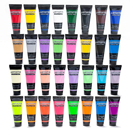 32 Color Acrylic Paint Set with 3 Brushes (23.68 Fl Oz)