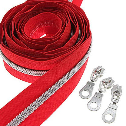 5 Silver Metallic Nylon Coil Zippers by The Yard Bulk 10 Yards Red Tape with 25pcs Silver Sliders for DIY Sewing Tailor Craft Bag
