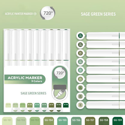 Water Based Acrylic Paint Markers Green, 9 Colors Acrylic Paint Pens Set with Soft Brush Tip, Marker Pen for Rock Painting, Egg, Wood, Glass, Paper, Mugs, Acrylic Painter Ink (Sage Green)