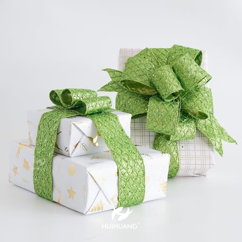 Lime Green Glitter Wired Christmas Ribbon 2.5 inch x 10 Yards (30 Foot)