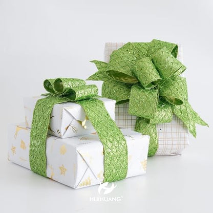 Lime Green Glitter Wired Christmas Ribbon 2.5 inch x 10 Yards (30 Foot)