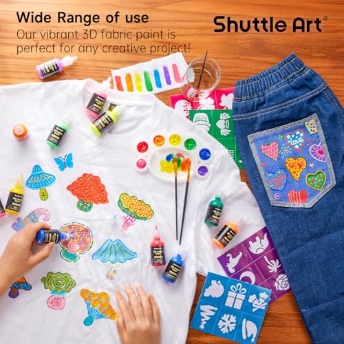 Fabric Paint 24 Colors 3D Permanent Paint with Brushes Palette Pen Fabric Sheet Stencils (24 Fl Oz)