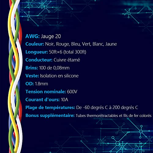 20 AWG Stranded Wire Spool 50ft Each 6 Colors (6 Count)