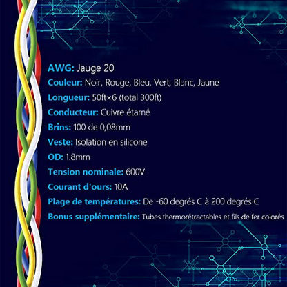 20 AWG Stranded Wire Spool 50ft Each 6 Colors (6 Count)
