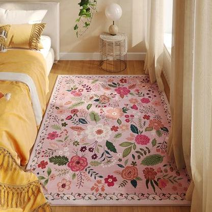Area Rug 4x6 Rug Washable Boho Rugs Non Slip Low Pile Floral Small Carpet for Bedroom