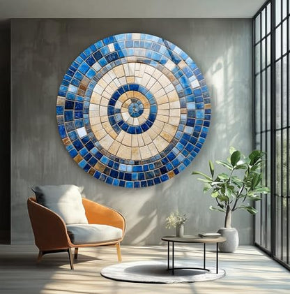10''(25cm) Diameter Coastal Sunburst Beige & Blue Round Glass Wall Art Tempered Glass Printing Wall Decor Large Wall Art Wall Hangings