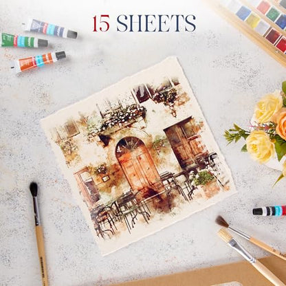 Thick Handmade Watercolor Paper with Deckled Edge (15 Count)