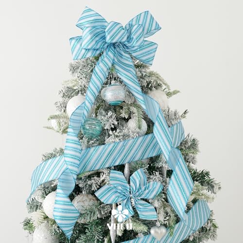 Blue Diagonal Stripe Ribbon 2.5 Inch Blue Satin with Turquoise and Teal Glitter Wired Ribbon for Wreath Bow (30 Foot)