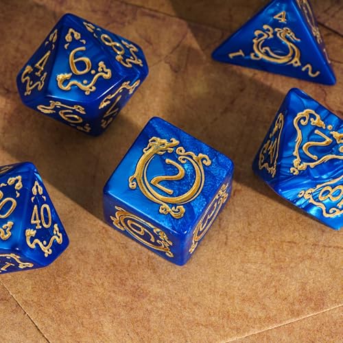 7 Die DND Dice Set Dragon Pattern Polyhedral Die with Leather Bag (7 Count)
