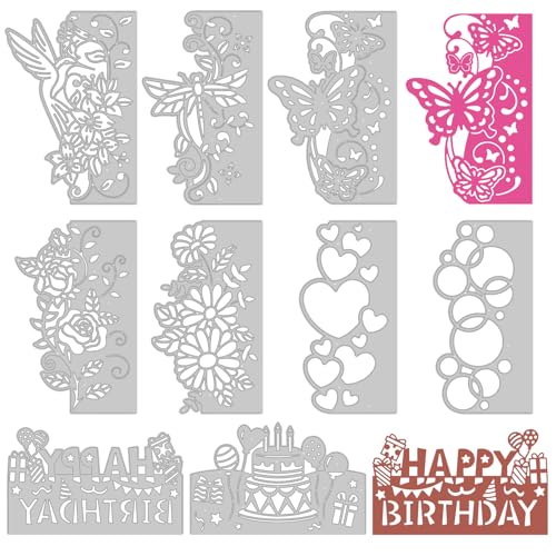 9PCS Die Cuts for Card Making Metal Cutting Dies Flower Butterfly Dragonfly Bird Bubbles Love Heart Happy Birthday Cake Cutting Embossing Stencil Template DIY Paper Cards Album Decoration (9 Count)