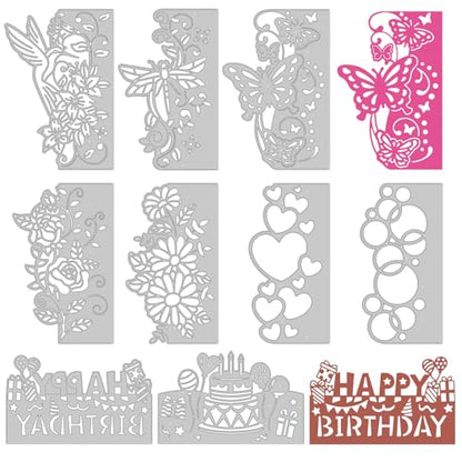 9PCS Die Cuts for Card Making Metal Cutting Dies Flower Butterfly Dragonfly Bird Bubbles Love Heart Happy Birthday Cake Cutting Embossing Stencil Template DIY Paper Cards Album Decoration (9 Count)
