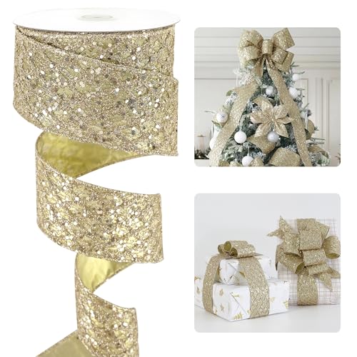 Glitter Champagne Wired Christmas Ribbon 2.5 inch x 10 Yards (30 Foot)