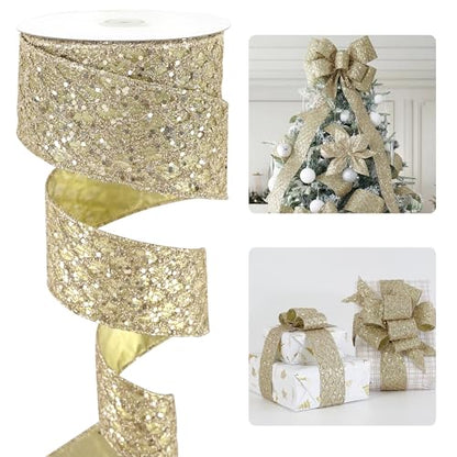 Glitter Champagne Wired Christmas Ribbon 2.5 inch x 10 Yards (30 Foot)