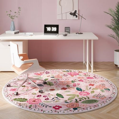 Round Rug 4ft Washable Circle Rug Non Slip Low Pile Boho Floral Small Circular Rug for Bedroom