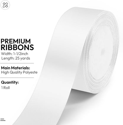 KMER LIFE 1-1/2 Inches x 25 Yards Solid White Satin Ribbon, Perfect for Crafts, Wedding Decor, DIY Hair Accessories, Sewing, Gift Package Wrapping and More - Crafty Corner