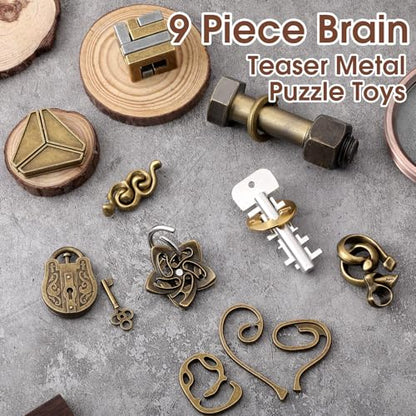 9 Pcs Metal Brain Teasers 3D Steel Puzzle Set (9 Count)
