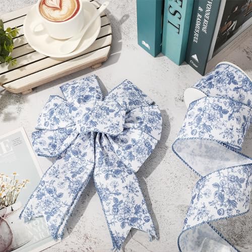 Floral Wired Edge Ribbon Blue Flower Craft Ribbon Chinoiserie Decorative Fabric Ribbons for DIY Crafts Wreath Bow Making