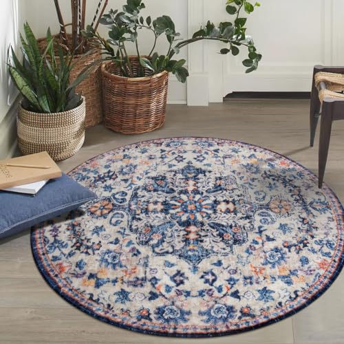Reine Bohemian Round Rug 3Ft Small Bedroom Round Area Rug Soft Bathroom Circle Mat