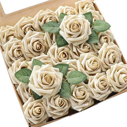 Artificial Flowers 25pcs Real Looking Champagne Gold Foam Fake Roses with Stems for DIY Wedding Bouquets Bridal Shower Centerpieces Floral Arrangements Party Tables Home Decorations (25 Count)