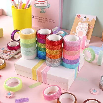 Glitter Washi Tape Metallic Decorative Craft Tape Set 24 Rolls Colored Masking for Scrapbook DIY Art Craft Supplies Gift Decor (24 Count)